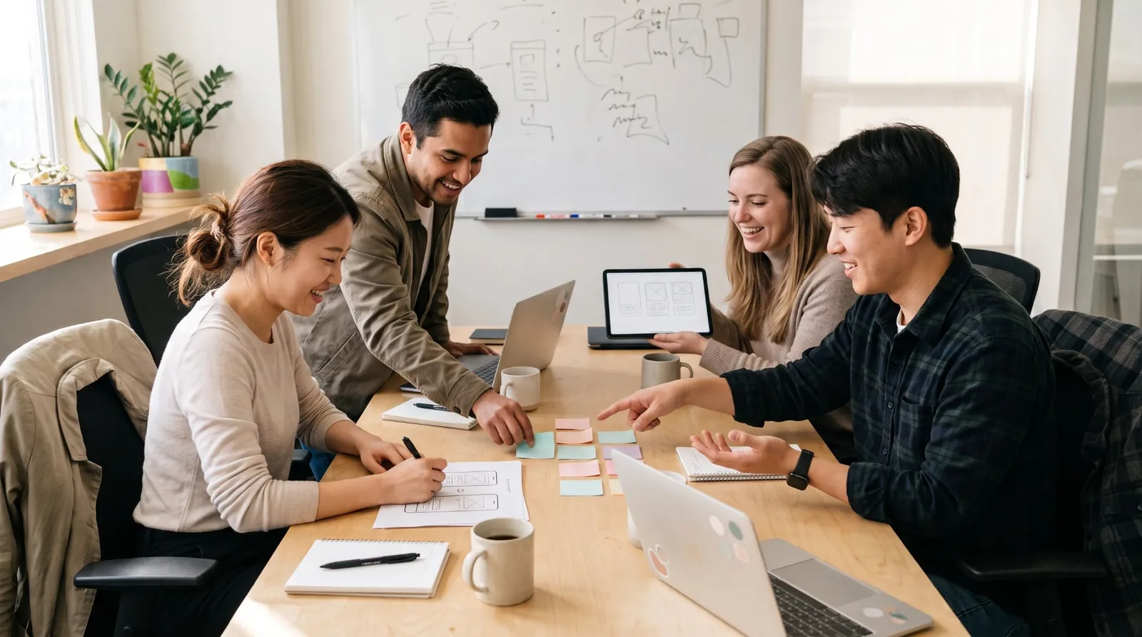 Four team members sketch app screens and sort sticky notes around a table