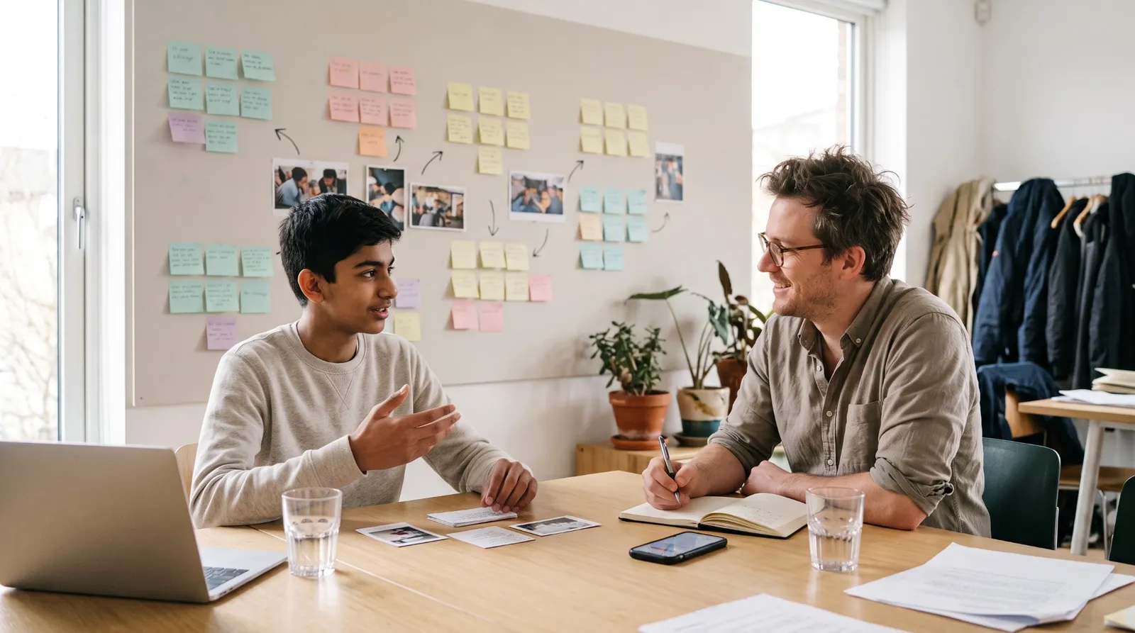 A researcher listens and takes notes as a high school student explains his answer in front of a wall of sticky notes
